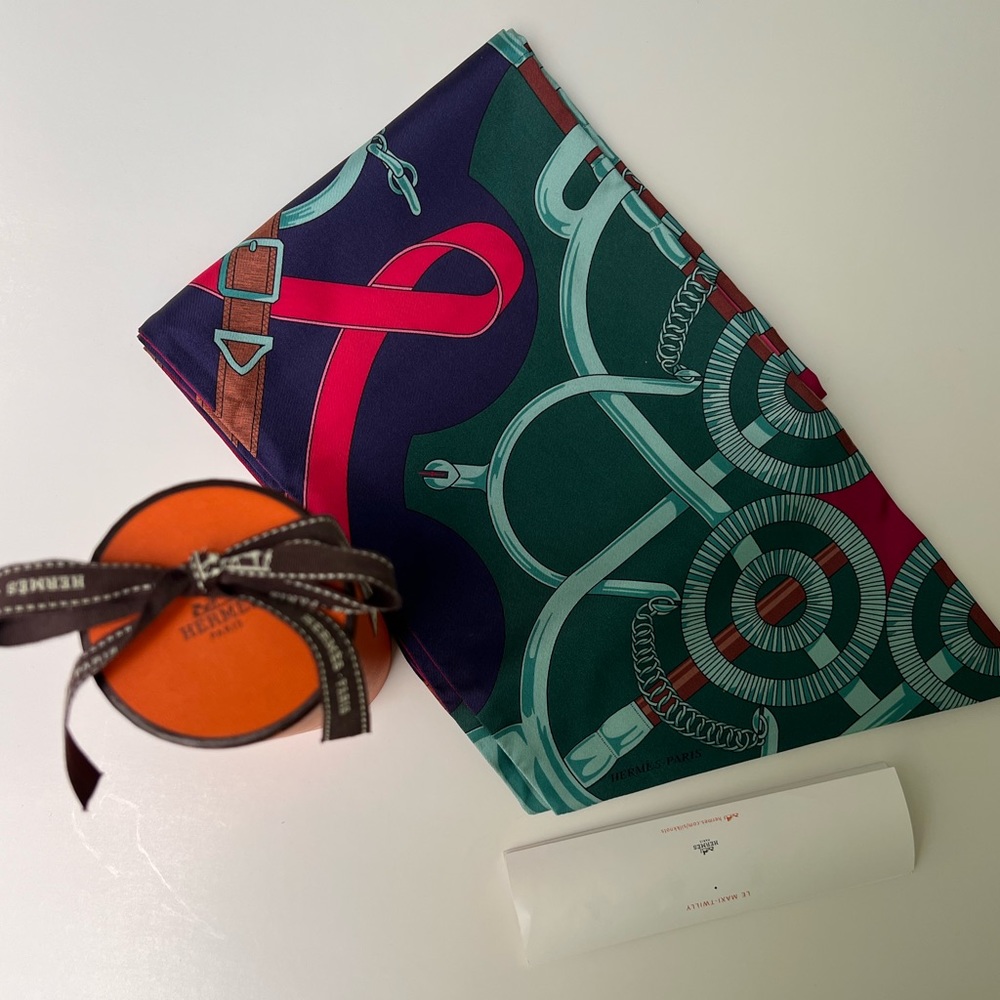 Hermes maxi twilly silk scarf in pink and blue